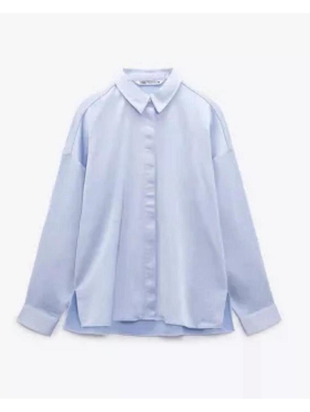 ZARA NWOT Womens Dropped Shoulder Satin Effect Shirt In Pale Blue-Size Large